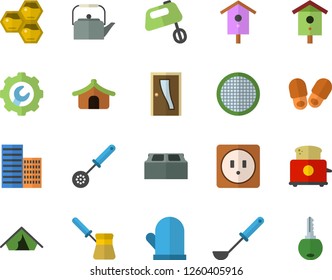 Color flat icon set Entrance door flat vector, sockets, skyscraper, repair, brick, teapot, potholder, ladle, kitchen spoon, turk, toaster, mixer, sieve, honeycomb, nesting box, tent fector, slippers