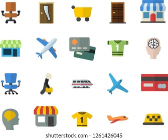 Color flat icon set Entrance door flat vector, store front, grocery trolley, credit card, office chair, businessman, brain fector, sport T shirt, aircraft, train, shop, taxi
