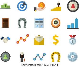 Color flat icon set Entrance door flat vector, horseshoe, target audience, chart, dollar, investments, scatter, agreement, contract, businessman, career ladder, medal, pedestal, message