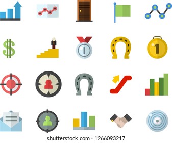 Color flat icon set Entrance door flat vector, horseshoe, target audience, chart, dollar, scatter, flag, statistic, point diagram, agreement, career ladder, medal, achievement, escalator fector