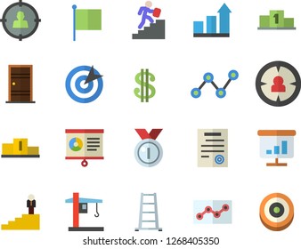 Color flat icon set Entrance door flat vector, ladder, crane, target audience, dollar, scatter chart, flag, point diagram, contract, career, medal, pedestal, achievement