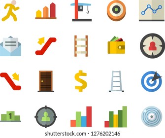 Color flat icon set Entrance door flat vector, ladder, crane, target audience, chart, dollar, purse, point diagram, pedestal, achievement, run, escalator fector, message