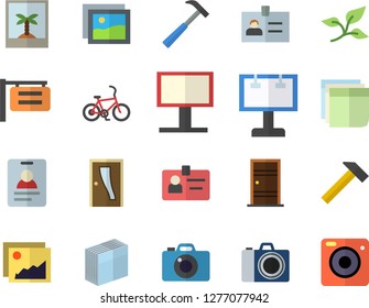 Color flat icon set Entrance door flat vector, hammer, tree leaf, signboard, billboard, badge, sticker, bicycle fector, camera, photo, gallery