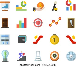 Color flat icon set Entrance door flat vector, ladder, investments, purse, idea, statistics, scatter chart, target, contract, businessman, career, medal, escalator fector