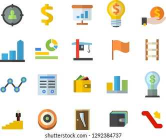 Color flat icon set Entrance door flat vector, ladder, crane, target audience, chart, dollar, investments, purse, idea, statistics, scatter, flag, statistic, contract, career, escalator fector