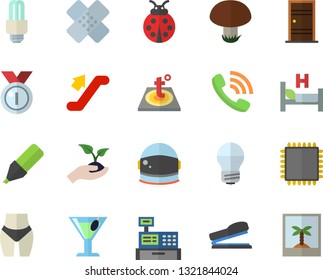 Color flat icon set Entrance door flat vector, energy saving lamp, warm floor, cocktail, mushroom, ladybird, seedlings, marker, phone call, cash machine, hospital bed, patch, stapler, fector, cpu