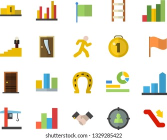 Color flat icon set Entrance door flat vector, horseshoe, ladder, crane, target audience, chart, statistics, flag, statistic, agreement, career, medal, pedestal, run, escalator fector
