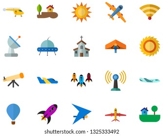 Color Flat Icon Set - equinox flat vector, church, telescope, forest house, receive signal, satellite dish, airplane, aircraft, air balloon, helicopter, hang gliding, space rocket, ufo - Vektör