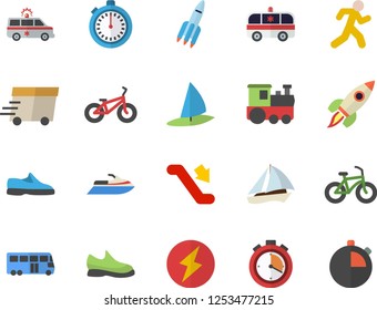 Color flat icon set express delivery flat vector, ambulance, rocket, lightning, sneakers, bicycle, stopwatch, run, train fector, bus, sailboat, escalator, water scooter, windsurfing