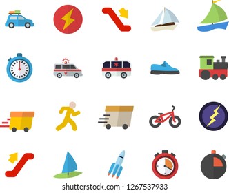 Color flat icon set express delivery flat vector, sailboat, ambulance, rocket, lightning, sneakers, bicycle, stopwatch, run, train fector, car, escalator, windsurfing