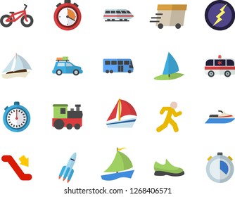 Color flat icon set express delivery flat vector, sailboat, ambulance, rocket, lightning, sneakers, bicycle, stopwatch, run, train fector, car, bus, escalator, water scooter, windsurfing