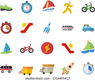 Color flat icon set express delivery flat vector, sailboat, ambulance, rocket, lightning, sneakers, bicycle, stopwatch, run, train fector, car, escalator, windsurfing