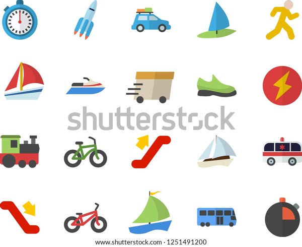 Color\
flat icon set express delivery flat vector, sailboat, ambulance,\
rocket, lightning, sneakers, bicycle, stopwatch, run, train fector,\
car, bus, escalator, water scooter,\
windsurfing