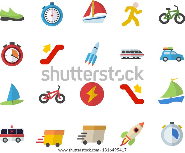 Color flat icon set express\
delivery flat vector, sailboat, ambulance, rocket, lightning,\
sneakers, bicycle, stopwatch, run, train fector, car, escalator,\
windsurfing