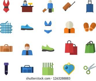 Color flat icon set fabric manufacture flat vector, person, bags, tie, sneakers, swimsuit, sport bag, luggage fector, reception desk, slippers, heart pendant, scissors