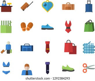 Color flat icon set fabric manufacture flat vector, person, bags, tie, sneakers, swimsuit, sport bag, luggage fector, reception desk, slippers, heart pendant, scissors