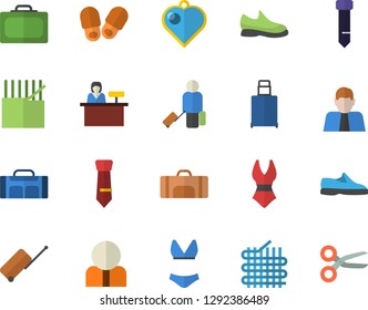 Color flat icon set fabric manufacture flat vector, person, tie, sneakers, swimsuit, sport bag, luggage fector, suitcase, reception desk, slippers, heart pendant, scissors