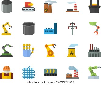 Color flat icon set factory flat vector, power line support, manufactory, plant, conveyor, construction worker, fabric manufacture, pipe production, robotics, metallurgy, robot hand, nuclear