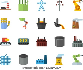 Color flat icon set factory flat vector, power line support, manufactory, plant, conveyor, fabric manufacture, pipe production, robotics, metallurgy, robot hand, nuclear, industrial