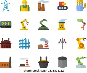 Color flat icon set factory flat vector, power line support, manufactory, plant, conveyor, construction worker, fabric manufacture, pipe production, robotics, metallurgy, robot hand, nuclear