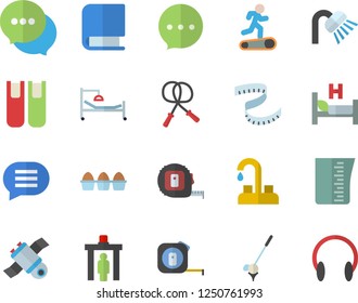 Color flat icon set faucet flat vector, tape measure, shower, meashuring cup, egg, chat, hospital bed, book, satellit, centimeter, skipping rope, Treadmill, control gate fector, golf, headset