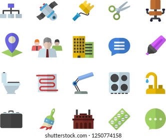 Color flat icon set faucet flat vector, paint roller, toilet, skyscraper, warm floor, electric stove, brush, plant, case, location, marker, team, pill packaging, office chair, reading lamp, satellit