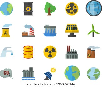 Color flat icon set faucet flat vector, tree, solar battery, windmill, factory, oil tanks, hydroelectric power station, plant, radiation, carbon dioxide, earth, nuclear, fector