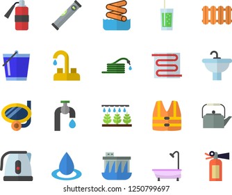 Color flat icon set faucet flat vector, sink, shower, level meter, warm floor, heating batteries, teapot, electric kettle, soda, sprinkling machine, hose, bucketful, water tap, drop, aquapark