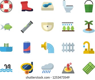 Color flat icon set faucet flat vector, sink, toilet, level meter, warm floor, fish, lemonade, sprinkling machine, bucketful, hose irrigation, gumboots, rain, pool, radiator, island fector, lifebuoy