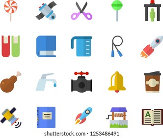 Color flat icon set faucet flat vector, meashuring cup, scissors, chicken, lollipop, coffe, well, main pipeline, rocket, book, satellit, textbook, skipping rope, control gate fector, bell