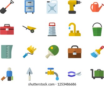 Color flat icon set faucet flat vector, trowel, wheelbarrow, drill screwdriver, tool bag, paint brush, roller, meashuring cup, grater, shovel, secateurs, watering can, bucketful, water tap, canister