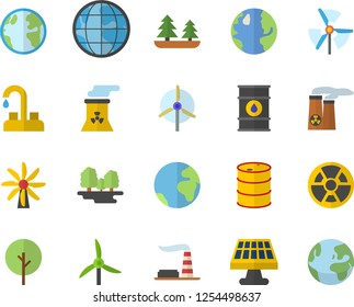 Color flat icon set faucet flat vector, tree, solar battery, windmill, earth, factory, oil tanks, forest, radiation, nuclear power plant, fector