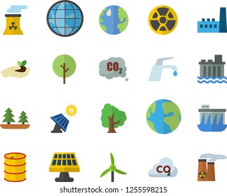 Color flat icon set faucet flat vector, tree, seedlings, solar battery, windmill, earth, oil tanks, forest, hydroelectric power station, manufactory, radiation, carbon dioxide, nuclear plant