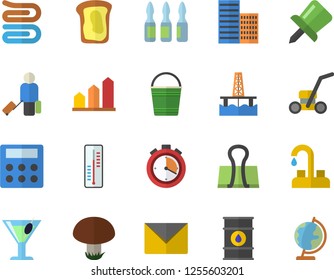 Color flat icon set faucet flat vector, skyscraper, towel, cocktail, sandwich, mushroom, thermometer, bucketful, lawn mower, oil production platform, tanks, ampoule, drawing pin, calculator, globe
