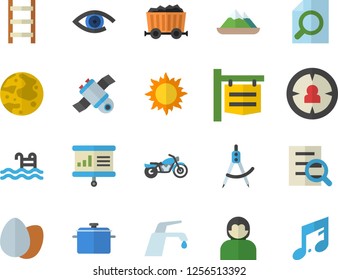 Color flat icon set faucet flat vector, saucepan, egg, ladder, sun, dividers, mining, signboard, target audience, magnifier, moon, satellit, presentaition board, pool, motorcycle fector, mountains