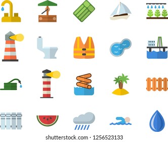 Color flat icon set faucet flat vector, toilet, heating batteries, watermelon, well, sprinkling machine, hose, rain, pond, oil production platform, lighthouse, swimming, sailboat fector, island