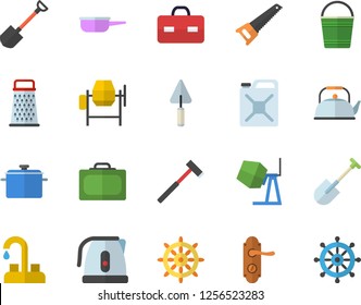 Color flat icon set faucet flat vector, concrete mixer, trowel, saw, door lock, ax, saucepan, saute, teapot, electric kettle, grater, shovel, bucketful, canister, briefcase, suitcase fector
