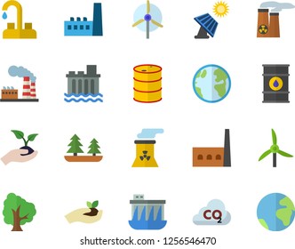 Color flat icon set faucet flat vector, tree, seedlings, solar battery, windmill, earth, factory, oil tanks, forest, hydroelectric power station, manufactory, carbon dioxide, nuclear plant, fector