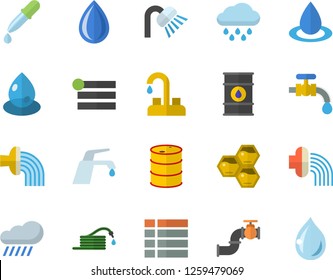Color flat icon set faucet flat vector, shower, honeycomb, hose, irrigation, water tap, rain, main pipeline, oil tanks, drop, pipette, menu