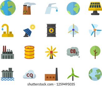 Color flat icon set faucet flat vector, tree, solar battery, windmill, oil tanks, hydroelectric power station, manufactory, plant, carbon dioxide, earth, nuclear, fector