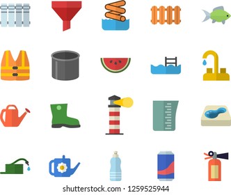 Color flat icon set faucet flat vector, heating batteries, meashuring cup, watermelon, fish, lemonade, hose, watering can, gumboots, pool, pipe production, lighthouse, funnel, water, aquapark fector