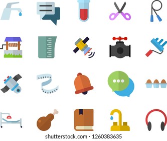Color flat icon set faucet flat vector, paint roller, meashuring cup, scissors, egg, chicken, well, main pipeline, chat, blood test, hospital bed, satellit, textbook, centimeter, skipping rope, bell