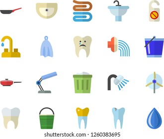 Color flat icon set faucet flat vector, sink, shower, frying pan, towel, bucketful, hose irrigation, caries, dental crowns, reading lamp, windmill, do not disturb fector, trash can, drop