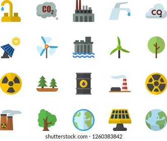 Color flat icon set faucet flat vector, tree, solar battery, windmill, earth, factory, oil tanks, forest, hydroelectric power station, plant, radiation, carbon dioxide, nuclear, fector
