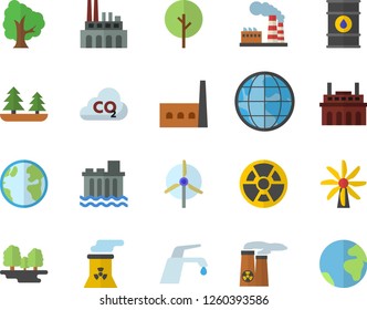 Color flat icon set faucet flat vector, tree, windmill, earth, factory, oil tanks, forest, hydroelectric power station, manufactory, plant, radiation, carbon dioxide, nuclear, fector
