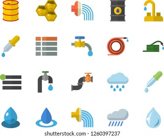 Color flat icon set faucet flat vector, honeycomb, hose, irrigation, water tap, rain, main pipeline, oil tanks, drop, pipette, menu