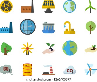 Color flat icon set faucet flat vector, tree, seedlings, solar battery, windmill, earth, factory, oil tanks, hydroelectric power station, manufactory, radiation, carbon dioxide
