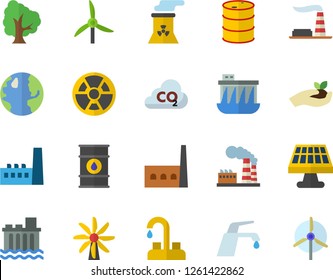 Color flat icon set faucet flat vector, tree, seedlings, solar battery, windmill, earth, factory, oil tanks, hydroelectric power station, manufactory, radiation, carbon dioxide, nuclear plant
