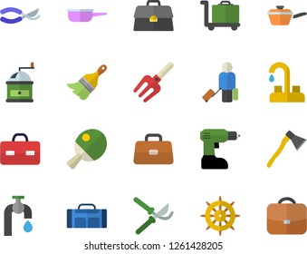 Color flat icon set faucet flat vector, drill screwdriver, paint brush, ax, saute, coffee grinder, pitchfork, secateurs, water tap, briefcase, table tennis, sport bag, luggage fector, trolley