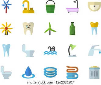 Color flat icon set faucet flat vector, sink, toilet, shower, towel, plates, windmill, bucketful, drop, glass bottles, tooth, caries, dental crowns, reading lamp, pool, trash can